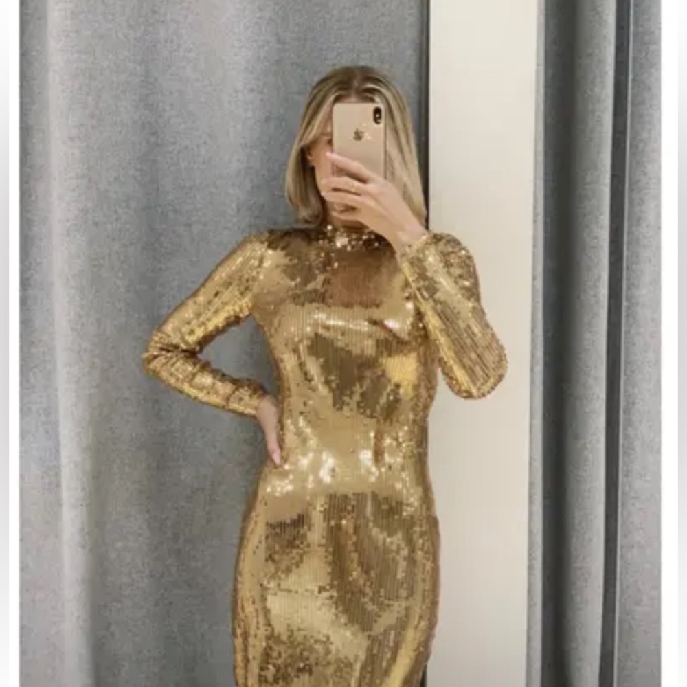 SANDRO Dore’ Gold Midi Dress Squin New $585- side split sexy bodycon BDay Bash🤩 - Picture 8 of 15